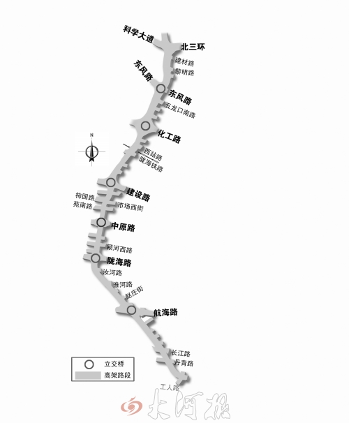 截至目前，僅剩西三環(huán)跨長(zhǎng)江路、丹青路高架橋金水河處一座箱梁尚未澆筑。