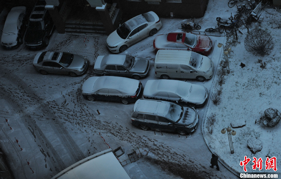 11月18日，沈陽街頭車輛被積雪覆蓋。