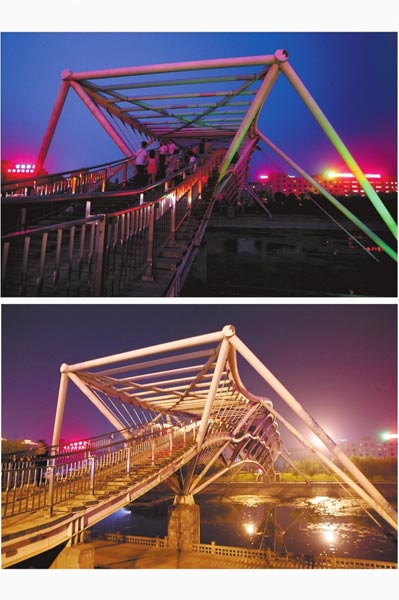 花園路西側(cè)東風(fēng)渠景觀橋，上圖攝于7月31日晚間，下圖攝于10月9日晚間。